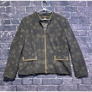 Multiples Jacket Women XL Brown Floral Gold Trim Full Zip Career Classic Elegant